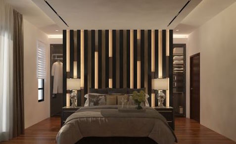 Modern bedroom interior design with TV feature wall — Taeyang Singapore